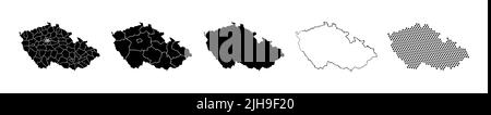 Karte der Tschechischen Republik mit Verwaltungsregionen, Gemeinden, Departements und Grenzen. Umriss- und Hexagon-Pixel-Vektor Tschechien-Karten. Stock Vektor