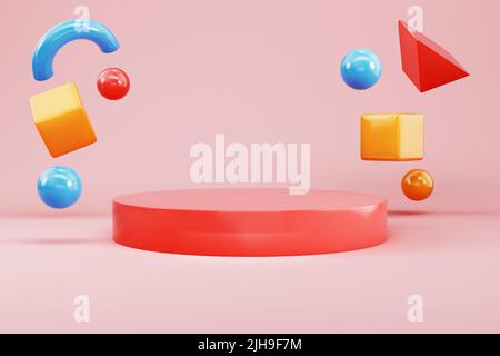 Roter zylindrischer Sockel mit fliegenden abstrakten fliegenden geometrischen Formen auf pastellfarbenem Hintergrund zur Produktanzeige. 3D Rendern Stockfoto