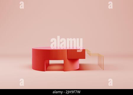 Roter zylindrischer Sockel mit abstrakten geometrischen Formen auf pastellfarbenem Hintergrund zur Produktanzeige. 3D Rendern Stockfoto