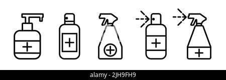 Set von antiseptischen Spray und Seifenflasche Symbole. Medic covid Virus, Handschutz, Desinfektionsmittel für die Hygiene. Schwarze Vektorgrafik auf weißem Hintergrund Stock Vektor