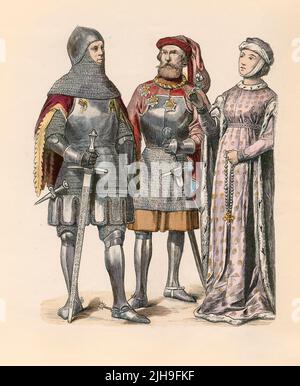 Philippe von Ingelheim (1431), Martin von Seinsheim (1434), Frau (um 1410), Deutschland, 15. Jahrhundert, Illustration, Die Geschichte des Kostüms, Braun & Schneider, München, Deutschland, 1861-1880 Stockfoto