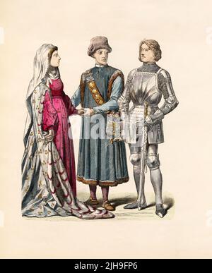 Lady's Dress (Mitte 1400), Stadtmann von Ravensburg (1429), Ritter von Stettenberg (1428), Deutschland, 15. Jahrhundert, Illustration, die Geschichte der Kostüme, Braun & Schneider, München, Deutschland, 1861-1880 Stockfoto