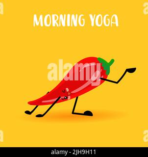 Niedliche Kawaii-Figuren. CHILLI. Heiße Mexikanische Paprika. Yoga und Sport. Gesunder Lebensstil. Gemüseaufkleber Stock Vektor