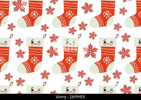 Weihnachten nahtlose Muster mit kawaii niedlichen weihnachts Socke. Cartoon-Charakter, Textur für Textil, Scrapbook, Geschenkpapier, Neujahr Dekoration vec Stock Vektor
