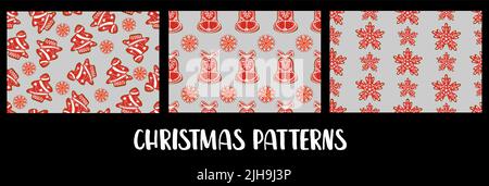 Weihnachtsmuster. Nahtlos. Weihnachts-Lebkuchenkekse. Lebkuchenhaus, Schneeflocke, Glocke, Weihnachtsbaum. Zeichnung für Silvester. Geschenkverpackung Stock Vektor