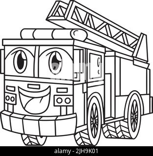 Feuerwehrauto mit Gesicht Fahrzeug Malvorlagen Seite für Kinder Stock Vektor