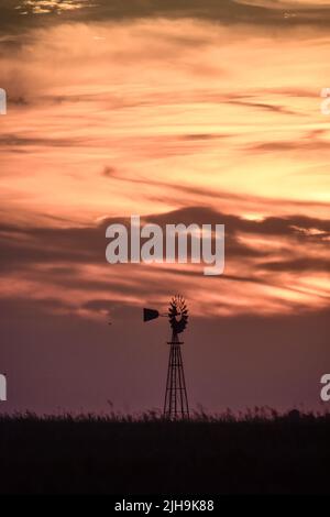 Windmühle bei Sonnenuntergang in der argentinischen Landschaft, Provinz Pampas, Patagonien, Argentinien. Stockfoto