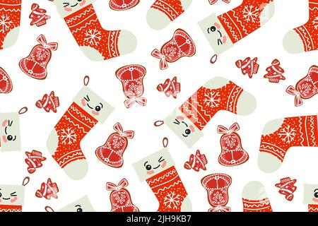 Weihnachten nahtlose Muster mit kawaii niedlichen weihnachts Socke. Cartoon-Charakter, Textur für Textil, Scrapbook, Geschenkpapier, Neujahr Dekoration vec Stock Vektor