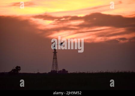 Windmühle bei Sonnenuntergang in der argentinischen Landschaft, Provinz Pampas, Patagonien, Argentinien. Stockfoto