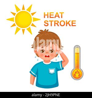 Symbol für Hitzschlag oder Sonnenschlag von der heißen Sommersonne. Müder Schweißjunge mit Hitzschlag, Kopfschmerzen, Durst, Schwindel an warmen sonnigen Tagen. Thermische Overh Stock Vektor