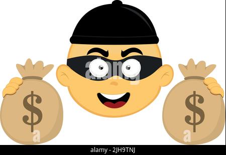 Vektor-Illustration des Gesichts eines gelben Cartoon-Diebs, mit einer Maske, einem Hut und Säcken Geld in seinen Händen Stock Vektor