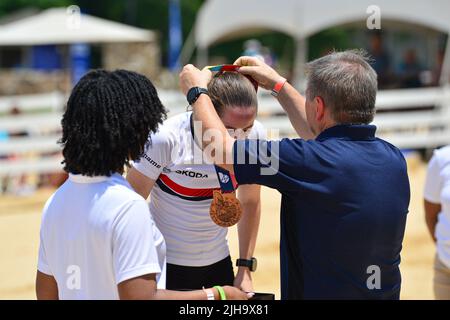 Pelham, Alabama, USA. 16.. Juli 2022. Spitzensportler kommen aus der ganzen Welt zusammen, um an den World Games teilzunehmen (ein 11-tägiges internationales Multisportevent, das mit Unterstützung des Internationalen Olympischen Komitees organisiert wird). Athleten traten im Orientierungslauf an. (Bild: © Jeremy Raines/ZUMA Press Wire) Stockfoto