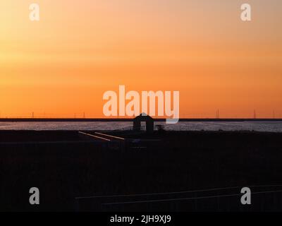 Alviso Marina County Park, ehemaliger Bootsanleger bei Sonnenuntergang, San Jose, Kalifornien Stockfoto