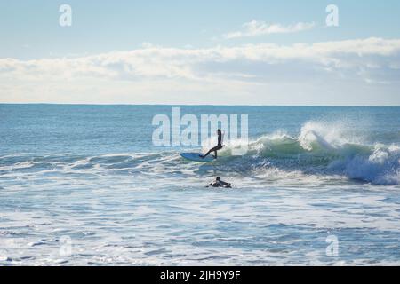 Kaikoura Neuseeland - 11 2022. Mai; Stony Mangamaunu, Strand in der Nähe von Kaikoura mit Wellenreiten und Surfern auf den Wellen. Stockfoto