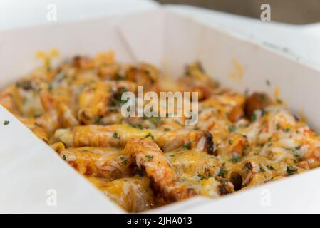 Herzhafte Beilage aus Büffelhähnchen, pommes Frites, die mit Käse überzogen und in einer Box zum Mitnehmen serviert werden, um sie unterwegs zu essen. Stockfoto