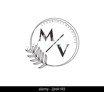 MV Initialen Brief Hochzeit Monogramm Logos Vorlage, handgezeichnete moderne minimalistische und florale Vorlagen für Einladungskarten, Save the Date, elegant Stock Vektor