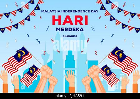 malaysia Unabhängigkeitstag 31 august Hintergrund Illustration mit Händen halten malaysischen Fahnen Stock Vektor