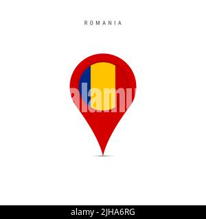 Teardrop-Kartenmarkierung mit Flagge Rumäniens. Rumänische Flagge in den Pin der Standortkarte eingefügt. Flache Abbildung isoliert auf weißem Hintergrund. Stockfoto