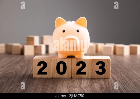 Haushaltsplan 2023. Sparschwein auf einem Holzblock Stockfoto