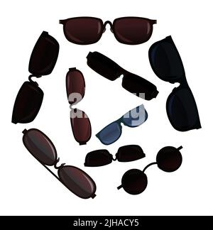 Set Sonnenbrille zum Schutz vor der Sonne. Sommergläser. Getönte Optik für bessere Sichtbarkeit. Objekt auf weißem Hintergrund isoliert. Vektor. Stock Vektor
