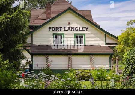 Fort Langley, British Columbia, Kanada. Alter Bahnhof an einem Sommertag Stockfoto