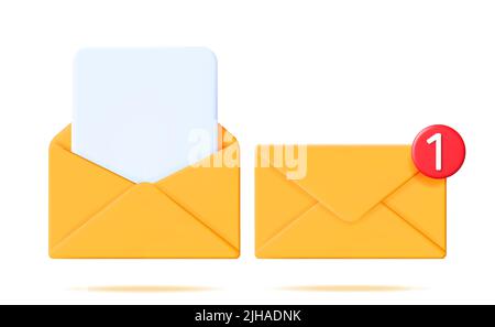 3D Briefumschlag mit Dokument und Benachrichtigung Stock Vektor