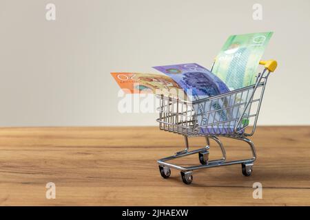 Nicaragua Geld, Warenkorb, das Konzept der hohen Preise, Inflation, steigende Preise für Einkauf und Wohnen, leerer Raum für Text Stockfoto
