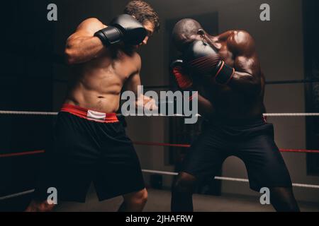 Mann, der während eines Boxkampfes seinem Gegner in den Bauch stanzt. Zwei Boxermänner kämpfen mit Handschuhen in einem Boxring. Stockfoto