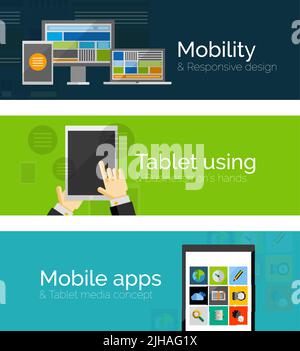 Set von flachen Design-Banner - Business und Mobilität. Mobile Apps, Tablet mit Geschäftsleuten Händen und reaktionsschnelles Design von pc-Tablet-Handy und Laptop Stock Vektor