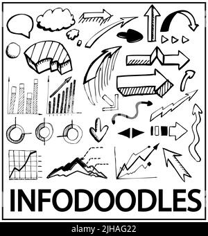 Info Kritzeleien. Vektor-Design-Elemente wie von Hand gezeichnet: Pfeile, Diagramme, Bars, Trends, Bläschen Stock Vektor