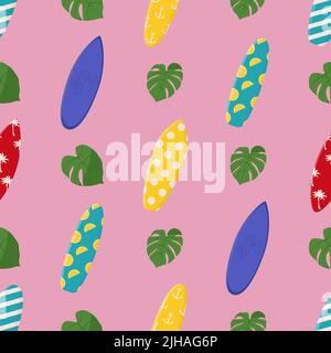 Cartoon Surfbretter im sommerlichen Design mit nahtlosem Muster. Sommer Sport Freizeit Aktivität, Urlaub Ausrüstung. Flache Vektorgrafik. Stock Vektor