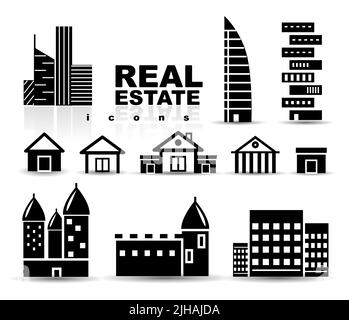 Schwarz Immobilien | Häuser | Gebäude-Icon-Set. Isoliert auf weiss Stock Vektor