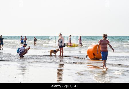 Brighton UK 17. July 2022 - Brighton Beach ist schon früh bei schönem, heißem Sonnenschein während einer extra Ebbe voll, da für die nächsten zwei Tage eine extreme rote Wetterwarnung ausgegeben wurde : Credit Simon Dack / Alamy Live News Stockfoto