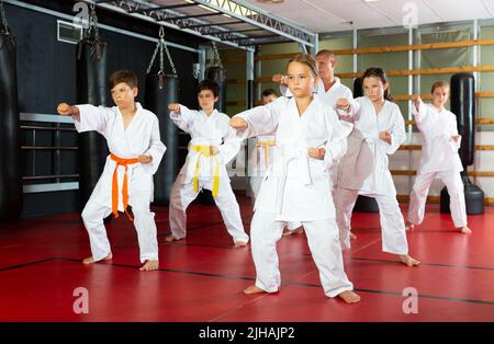 Karate Kids im Kimono, die Kata Moves ausführen Stockfoto