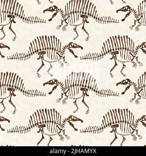 Braun handgezeichnete Spinosaurus fossile Knochen Dinosaurier nahtloses Muster. Geschlechtsspezifische neutrale jurassische Silhouette für die Babykrippe. Home Dekor für Museum Stockfoto