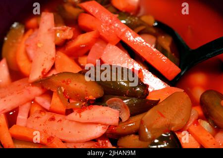 Nahaufnahme von mariniertem Gemüse (Torshi) oder gemischtem eingelegtem Gemüse von in Scheiben geschnittenen Gurken, Karotten, Rüben, Rüben, Zwiebeln, Rote Paprika und Salz, Egyp Stockfoto