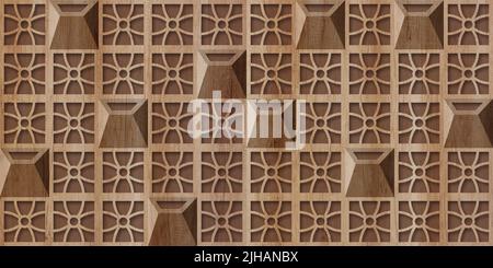 3D Abbildung. Hölzerner Platz auf einem Hintergrund aus Holz. Mosaik, geometrische Form mit Holzstruktur für Innen- und Wandfliesen Design. Render Stockfoto