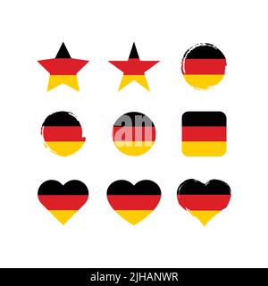 Deutschland Vektorkreis und Herzflagge gesetzt. Deutsche trockene Pinsel- und Grunge-Effekt-Markierungsflaggen. Stock Vektor
