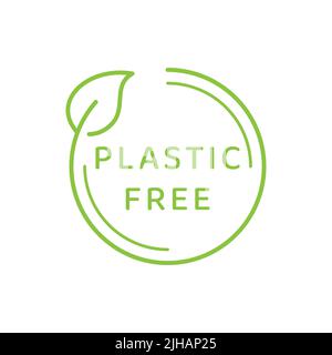 Vektoretikett für freie Linien aus Kunststoff. Umweltfreundliches Etikett mit Blatt, umrissen. Stock Vektor