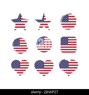 USA Vektorkreis und Herzflagge gesetzt. Vereinigte Staaten von Amerika trockene Pinsel und Grunge-Effekt Stempel Flaggen. Stock Vektor