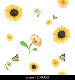 Aquarell-Herbstmuster. Eine Gartenkollektion im Herbst. Eine Reihe von Aquarell-Illustrationen, darunter Sonnenblumen, Ringelblumen und Schmetterlinge. Es kann sein Stockfoto