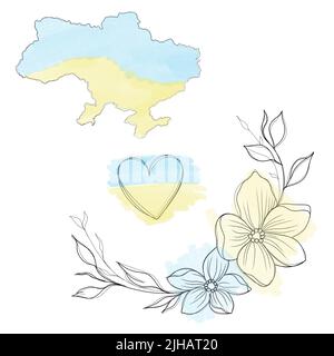 Ein Satz von Skizzen für ein patriotisches Tattoo: Blumen und Herzen aus den Farben der Flagge der ukraine . Blumen Periwinkle. Handzeichnung. Stockfoto