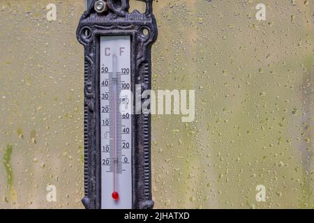 Nahaufnahme eines Thermometers, das die Lufttemperatur im Gewächshaus zeigt, mit Kondensatabfällen auf den Fenstern am Sommertag. Schweden. Stockfoto