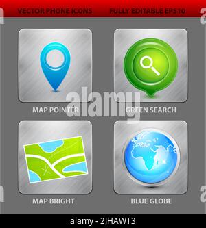 Vektor-mobile app-Icon-Set. Karte und Lage, blaue Erdkugel Stock Vektor