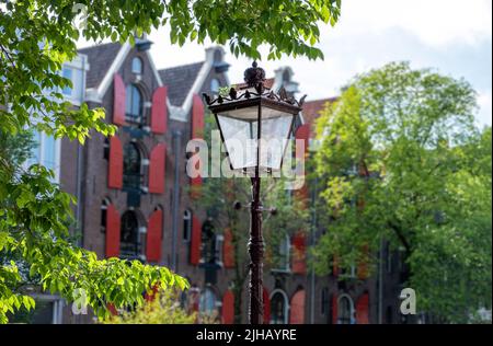 Laterne aus antikem Metall und Glas, verzierte Straßenlaterne zwischen Bäumen in Amsterdam. Blur ikonisches Kanalhaus, Holland Niederlande. Stockfoto