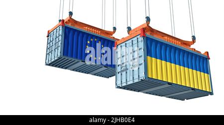 Frachtcontainer mit Flagge der Ukraine und der Europäischen Union. 3D Rendering Stockfoto