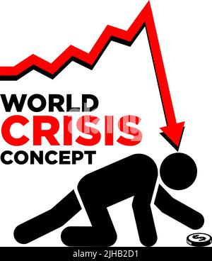 Konzept der Weltkrise. Verringerter Lebensstandard. Ein Bettler auf den Knien greift nach einer Münze. Vektor auf transparentem Hintergrund Stock Vektor