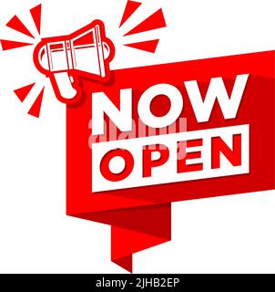 Jetzt offenes Hinweisschild mit Megaphon. Eröffnungsfeier. Vektor auf transparentem Hintergrund Stock Vektor