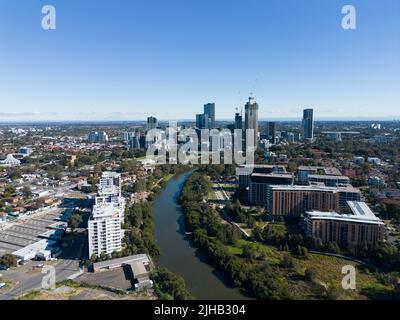 Ein schöner hoher Winkel des Parramatta Flusses im Westen Sydneys Stockfoto