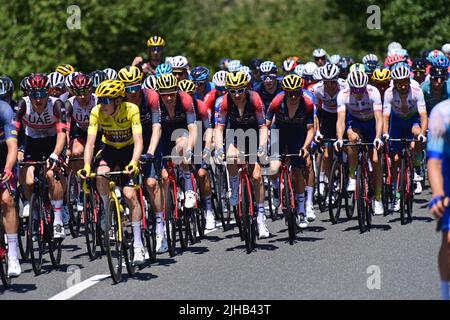 Caracassone, Frankreich. 17.. Juli 2022. Die Gruppe der Fahrer, die während der 15. Etappe des Radrennens der Tour de France, von Rodez nach Carcassonne (200km), Frankreich, am Sonntag, dem 17. Juli 2022, in Aktion gezeigt wurde. Die diesjährige Tour de France findet vom 01. Bis 24. Juli 2022 statt. BELGA FOTO POOL PETE GODING - UK OUT Credit: Belga Nachrichtenagentur/Alamy Live News Stockfoto